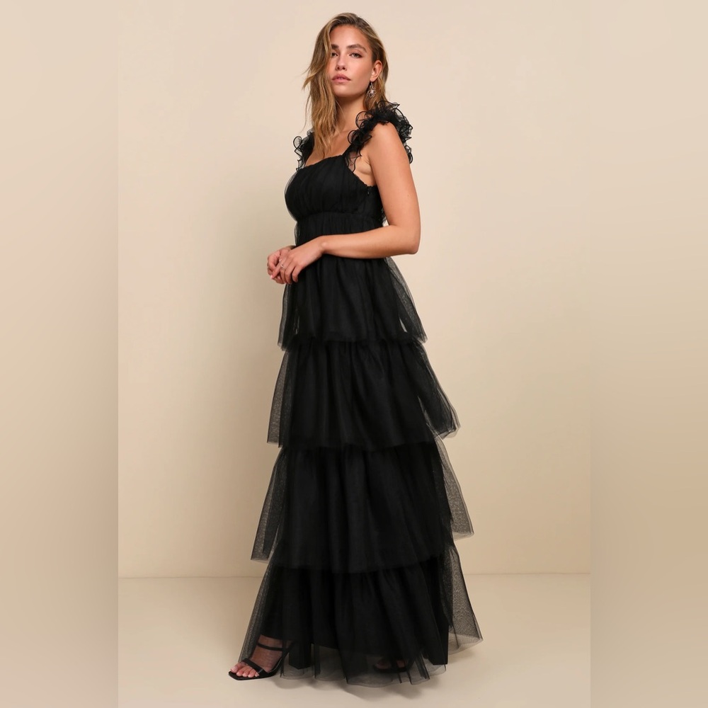 Lulus Tulle For Love Black Mesh Tulle Tiered Ruffled Maxi Dress - Size M - Picture 3 of 4
